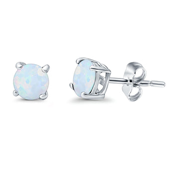 Round Stud Earrings Lab Created White Opal 925 Sterling Silver (7mm)